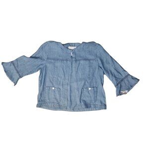 Alfred Dunner Womens Petite Small Blue Chambray Jacket w/Pockets & 3/4 Sleeves